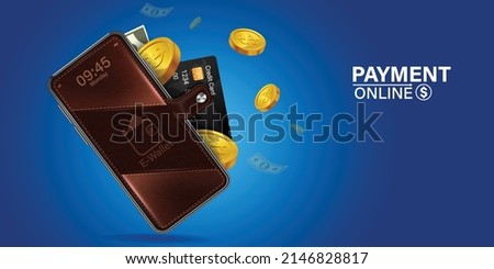 digital wallet application on mobile.Mobile design concept is an online wallet with coins, banknotes and credit cards inside all on blue background.Online digital wallet via smartphone application. Imagine de stoc © 