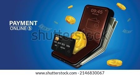 digital wallet application on mobile.Mobile design concept is an online wallet with coins, banknotes and credit cards inside all on blue background.Online digital wallet via smartphone application.