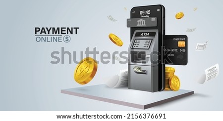 ATM in front of mobile phone and credit card inserted into mobile phone.Mobile finance application concept.
payment without atm and no bank required.
Banking app for shopping and bill payment.