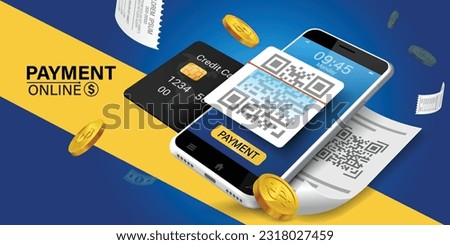 Scan Qr code and pay with mobile phone.
Mobile scan QR code pay bill on top of invoice on blue background.
Convenient and fast mobile bill payment concept.online transactions, payment,with application