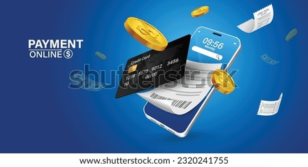 Bill of expenses is on mobile phone.Pay bills with mobile phone.Online shopping spending.Online shopping via smartphone.Bill payment flat isometric vector concept of mobile payment, shopping, banking.