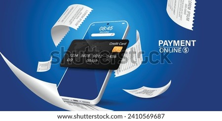 Bill of expenses is on mobile phone.Pay bills with mobile phone.Online shopping spending.Online shopping via smartphone.Bill payment flat isometric vector concept of mobile payment, shopping, banking.