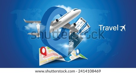 airplane, cloud, blue passport, luggage or baggage appeared and displayed in front of large pin location for travel design, vector 3d on blue background for summer travel advertising design