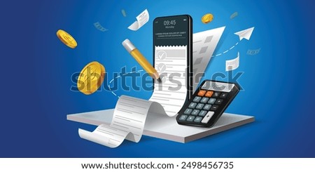 Bill of expenses is on mobile phone.Pay bills with mobile phone.Online shopping spending.Online shopping via smartphone.Bill payment flat isometric vector concept of mobile payment, shopping, banking.