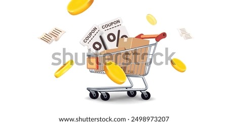 Coupon up to 50% off black rips floating in air with coin. all on blue background.gift voucher 50% discount on shopping.summer offer ends weekend holiday.Big sale and super sale coupon code discount