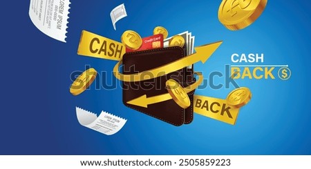 Cash back credit card with cashback icon and flying coins on blue background. Credit or debit card refund money, online payment, Money-saving, money transfer, coins. 3d vector illustration