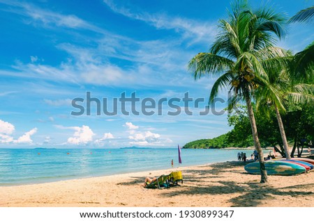 Dream beach with palm trees on the white sand, sun loungers, turquoise ocean and beautiful clouds in the sky.