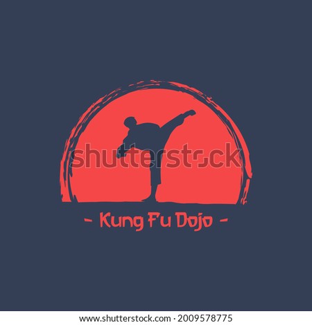 Kung fu Dojo logo design, with silhouettes of people doing kung fu and abstract circles