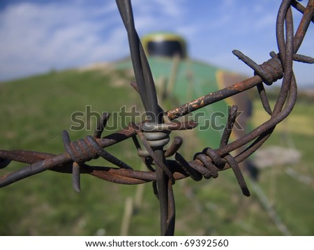 barbed wire at the cabin of the infantry of World War II at Satov, Znojmo, Moravia, Czech Republic