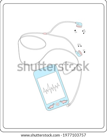 Vector illustration of a smartphone or mp3 player with dinosaur stickers playing music with old fashion earphones. Cute pastel design. Good for blog articles, magazines, books, websites and more