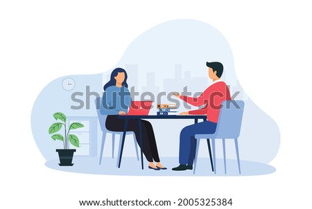 Job interview vector illustration concept. Modern flat vector illustration of a woman talking to a  man with a laptop. Isolated in the background Foto stock © 
