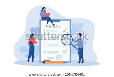 Rules vector illustration. Flat tiny reading guidance, making checklis concept. Vector illustration for company order, restrictions, law, and regulations 