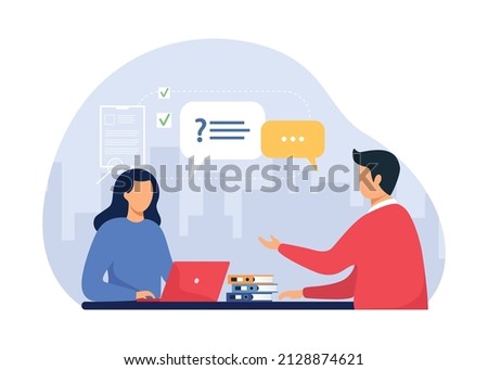 Job interview concept. Modern flat vector illustration of a woman talking to a  man with a laptop. Vector illustration. Isolated in the background. Foto d'archivio © 