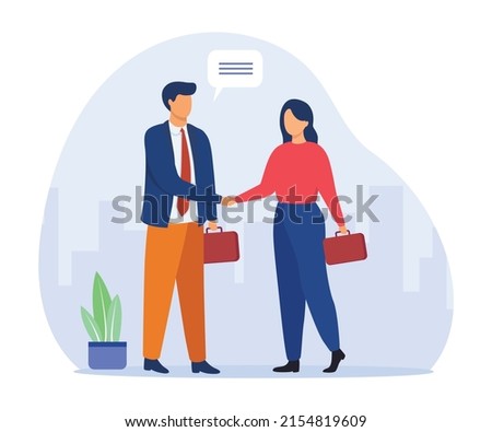 Man and woman shaking hand. Business partners saying hello or closing deal. Hiring and cooperation concept. Vector illustration.