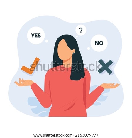 Concept of choice, selection, answer, reply, accept of refuse. Young girl standing confusedly to choose YES or NO. Vector illustration.