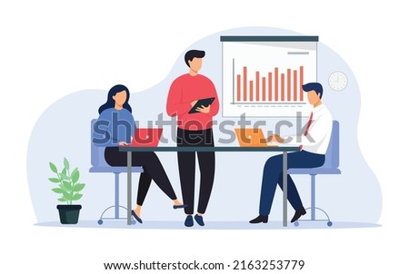 Business meeting team conference in office room. Flat character on presentation conference illustration,  presenting charts and reports. Employees meeting at business training, seminar or conference.