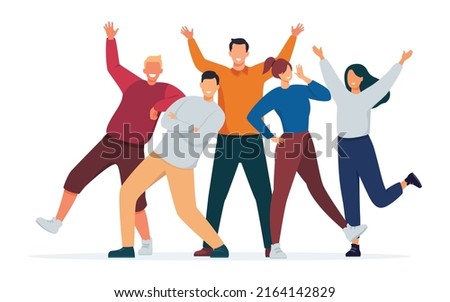 Group of young people posing for a photo illustration. Teamwork, cooperation, friendship concept. Vector illustration.