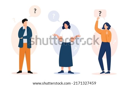 People asking questions illustration. Cartoon character thinking - trying to find a solution with question mark. Vector illustration.