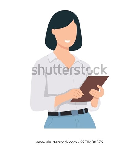Illustration of young asian woman company worker smiling and holding digital tablet standing. Vector Illustration.