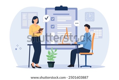 Team checklist concept illustration. Checklist to complete project task, accomplish work checkmark, todo list clipboard or project status report, plan to finish work concept. Vector illustration.