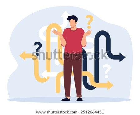 Business decision making, career path, work direction or choose the right way to success concept. Confusing businessman looking at crossroad sign with question mark and think which way to go. 