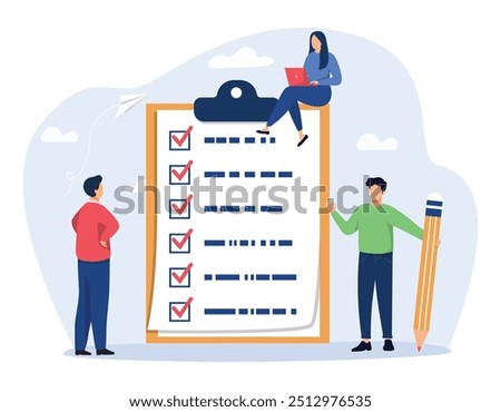 Business people holding pencil complete task checkbox. Checklist to complete project task, accomplish work checkmark, todo list clipboard or project status report, plan to finish work concept.