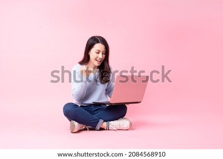 Similar – Image, Stock Photo Teenage girl working on school tasks homework remotely on her laptop from home during COVID-19 quarantine. Online course lessons. Learning remotely. Girl sitting on bed in front of computer looking at screen