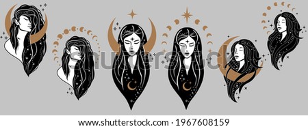 Beautiful females with moon. Moon goddess hand drawn illustrations. Bohemian goddess. Magic girl, witch with the moon, tarot cards, occult symbol, moon phases