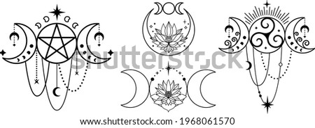 Triple moon with lotus and moon phases. Witchy tatoo logo design set. Mystic boho logo, design elements with moon, stars, flower
