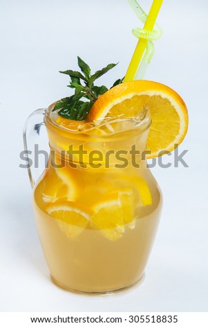 Fruit cocktail with fruits.Fruit Ice Tea. Iced juice.Cocktail with ice and citrus on white background.