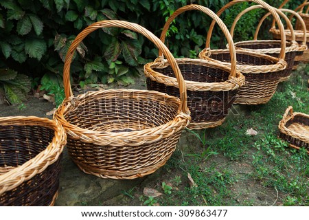 Vintage weave wicker baskets. A lot of empty baskets.