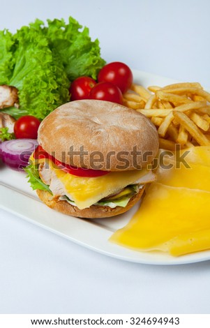 Fresh burger in plate with vegetables and french fries.Big hamburger. Ingredients for hamburgers.