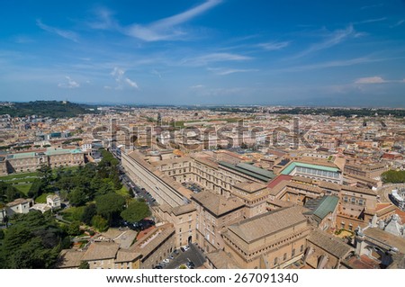 Aerial view of the Vatican City and Rome, Italy. Panorama of the old historical center. Gardens, Pinacoteca Vaticana, Vatican Museums, Belvedere Courtyard. View from the roof of Saint Peter Basilica.