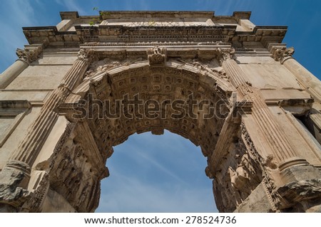 The Triumphal Arch of Titus (Arco di Tito) is a 1st-century honorific arch, located on the Via Sacra, just to the south-east of the Roman Forum, Rome. \