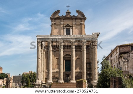 The Temple of Antoninus and Faustina is an ancient Roman temple in Rome, adapted to the catholic church of San Lorenzo in Miranda. It stands in the Forum Romanum, on the Via Sacra. Rome, Italy.