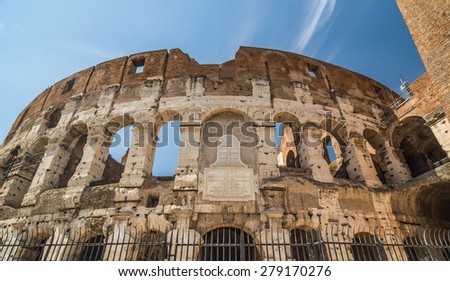 The exterior of the Colosseum (Coliseum), showing the mostly intact inner wall. Rome, Italy.