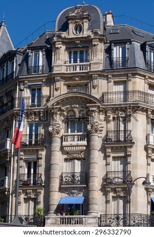 Typical design of Parisian architecture. The facade of french building in modern style with windows and french balconies in Paris, France.