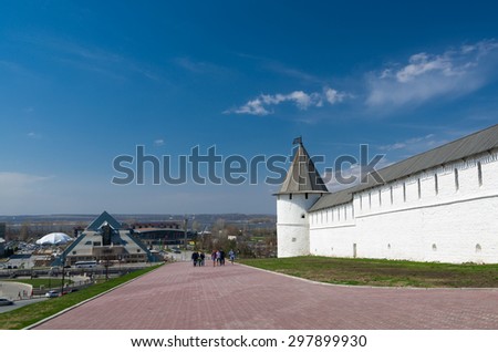 KAZAN, RUSSIA - MAY 1, 2015: Pyramid Restaurant and South-west Tower of Kazan Kremlin. It is example of the Pskov style fortifications. UNESCO World Heritage Site. Kazan, Tatarstan, Russia.