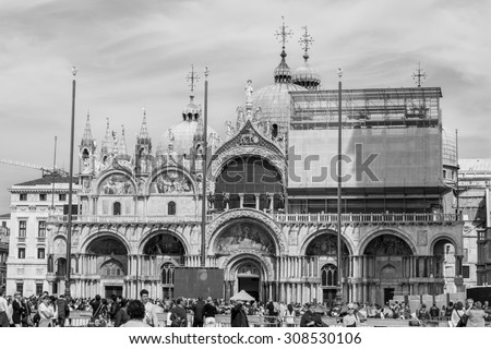 VENICE, ITALY - APRIL 13, 2013: The Patriarchal Cathedral Basilica of Saint Mark is the cathedral church of the Roman Catholic Archdiocese of Venice. Black and white photography.
