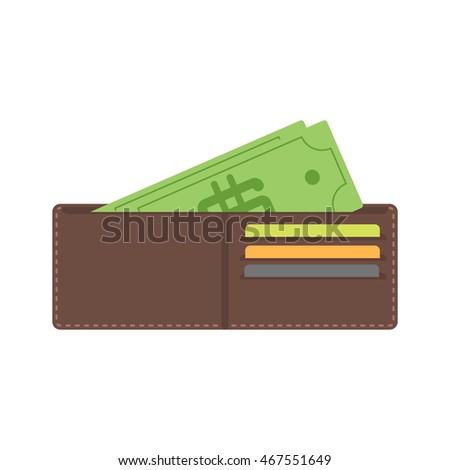 Money in wallet flat vector design for business and finance purse vector. Business  open wallet finance money currency. Opened wallet flat style icon. With plastic cards financial dollar and cash.