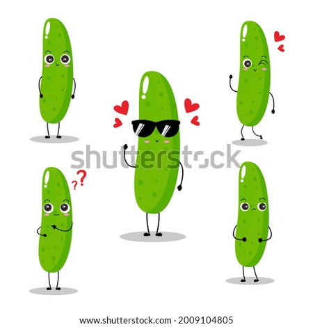 Vector illustration of cucumber character with various cute expression, cool, funny, set of cucumber isolated on white background, simple minimal style, fresh fruit for mascot collection, emoticon