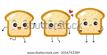 Kawaii cartoon toast bread icon. Character of sliced toast bread. chibi. Illustration emoji bread man in flat style. set of cute collection, lovely 