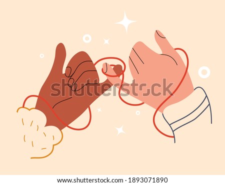 Eastern red thread of fate on hands of lovers. Valentines Day with soulmate. Symbol of eternal love or friendship. Connection two destinies or marriage on little fingers. Vector stock illustration.