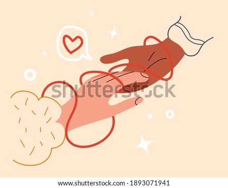 Multinational hand of couple touch each other. Red string of fate or faith destiny. Concept of a promise to be married. Eternal love thread for Valentine Day of soulmate. Vector stock illustration.