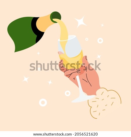 Sparkling wine from bottle is poured into goblet. Hand holds glass with champagne drink. Graphic design for gourmet or sommelier tasting an alcoholic beverage. Vector illustration on isolated color