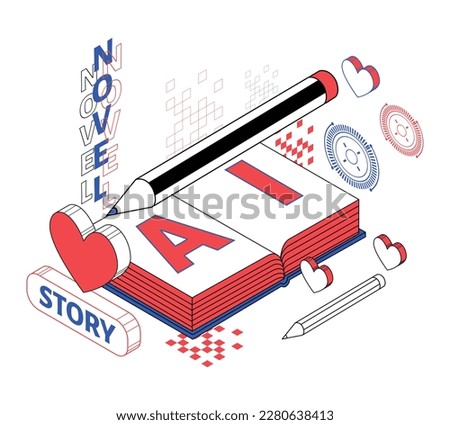 Write Book, Novel with  AI Artificial Intelligence technology futuristic digital, Isometric vector illustration flat design isolated. Outline, linear style, line art, editable stroke.