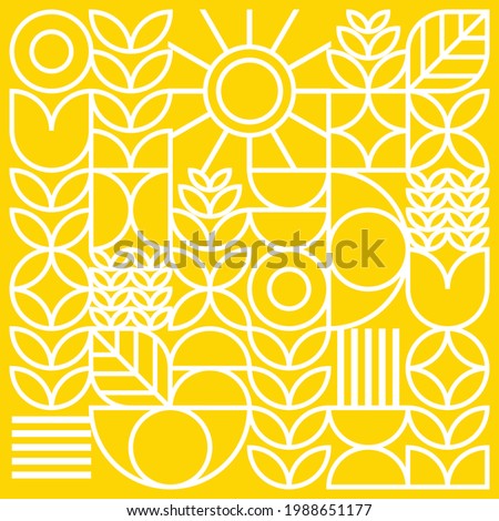 Artwork poster with minimalistic flat geometric sun center with simple shapes. Abstract vector pattern design in Scandinavian white line style on yellow background. Good for branding and web banners.