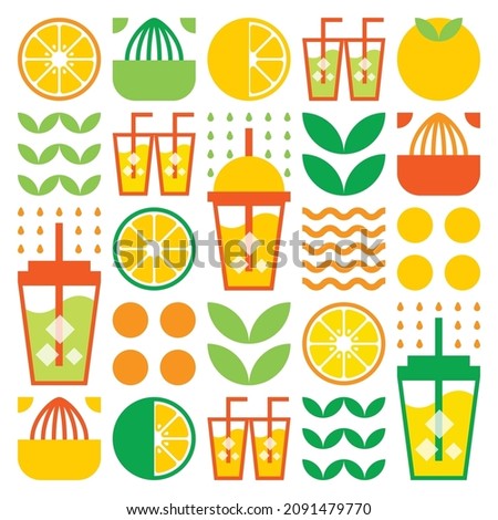 Simple flat illustration of abstract shapes of citrus fruits, lemons, grapefruit, lemonade, limes, leaves and other geometric symbols. Fresh juice ice drink icon in glass, and plastic cup with straw.