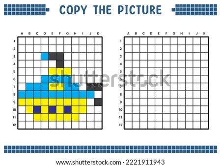 Copy the picture, complete the grid image. Educational worksheets drawing with squares, coloring cell areas. Children's preschool activities. Cartoon vector, pixel art. Submarine illustration.