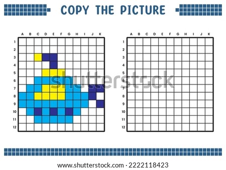 Copy the picture, complete the grid image. Educational worksheets drawing with squares, coloring cell areas. Children's preschool activities. Cartoon vector, pixel art. Submarine illustration.